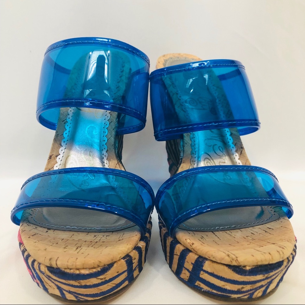 Naughty Monkey Embroidered Blue Wedges Size 8 NWOT